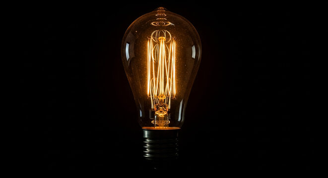 Vintage edison light bulb glowing on black background for interior design