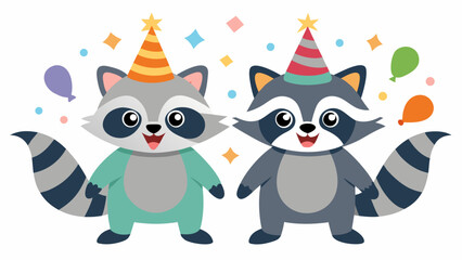 Naklejka premium A vibrant vector illustration of two cute raccoons in party hats surrounded by balloons and confetti. Perfect for children's cards, birthday invitations, banners, and holiday-related designs