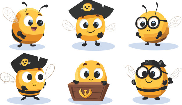 A fun collection of cartoon characters including an Android, a bee, and an orange, all in a cute vector illustration set
