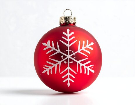Festive red orb ornament with snowflake design, isolated on white