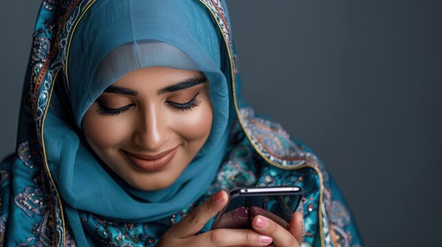 Woman in Headscarf Looking at Phone Fictional Character Created By Generative AI