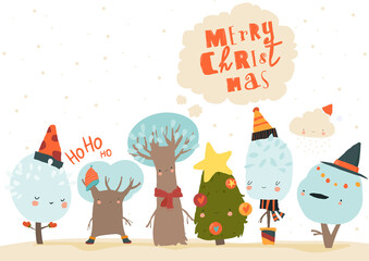 Cartoon Colorful Winter Trees. Happy Christmas. Vector Illustration