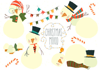 Vector Cartoon Set With Cute Snowmen and Christmas Elements