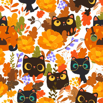 Seamless Pattern with Halloween Funny Cats and Autumn Flowers on Violet Background