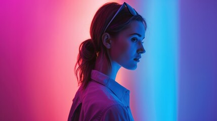 Woman Looking at Phone in Neon Light Photo. Fictional Character Created By Generative AI