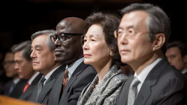 Important Meeting Scene: Multinational Representatives Listen Attentively