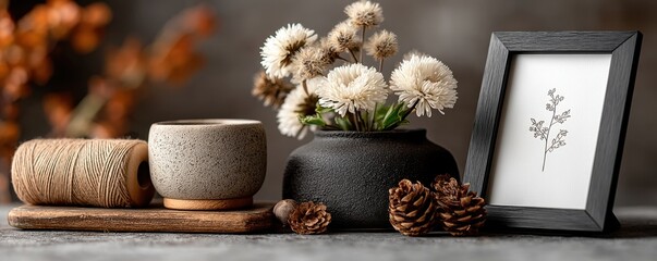 Calm rustic still life with dried flowers, pine cones, twine, ceramic cup, and framed botanical sketch