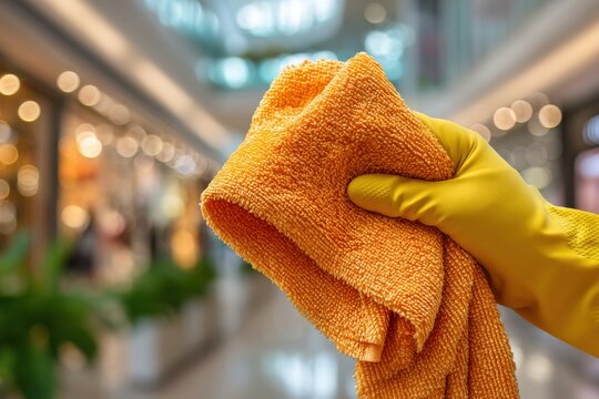 Cleaning in a bright mall: worker wearing yellow glove holding an orange cloth for cleaning and maintenance - Powered by Adobe