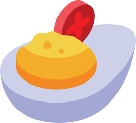 Half of a hard boiled egg filled with creamy yolk paste and decorated with a slice of red tomato