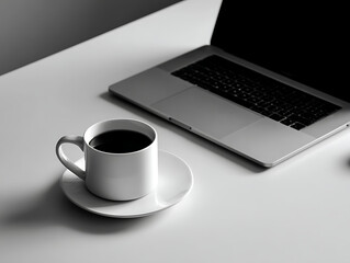 A hot coffee mug sits on a saucer next to a laptop keyboard for a morning business break