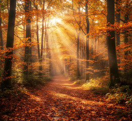 Obraz premium illustration - Forest scene among orange trees in autumn and sunlight. Fantasy and autumn scene.