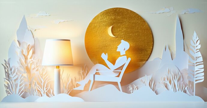 Papercraft scene depicts woman reading under moonlit sky. Lamp illuminates foliage, creating calm atmosphere. Peaceful, serene moment.