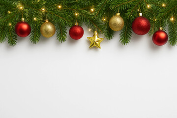 New Year's green garland with toys on a white background (top, bottom, right, left). Holiday, Christmas, decoration, photo background, template, empty space for text.