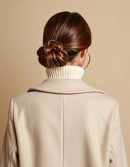 うなじと肩に宿る冬の静けさ クリームタートルと淡ベージュコートの後ろ姿
