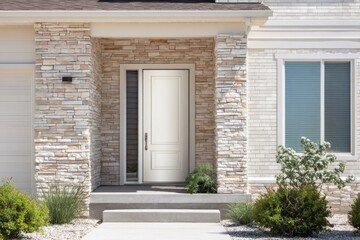 Modern entryway features stone accents and white front door.