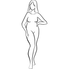 Line Art Drawing of a Full Figured Woman with Long Hair Standing Confidently with One Hand on Hip and the Other Arm Relaxed