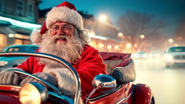 A cheerful and cunning Santa with a charming smile. Christmas Eve, magic and witchcraft. Santa's fun Christmas ride in the RED FAIRY TALE CAR
