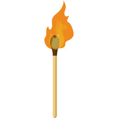 Lit Match with Bright Orange Flame and Detailed Wooden Handle Against a Transparent Background Symbolizing Fire Ignition and Energy