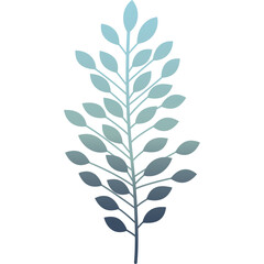 Luminous gradient botanical illustration of a slender stem with numerous small leaves showcasing a calming transition from light blue to deep blue hues set against a pure white background creating an 