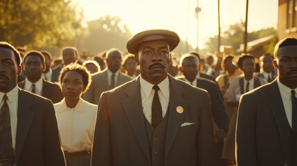 Diverse Group Marches Together in Historic Civil Rights Era Recreation Under Golden Sunlight