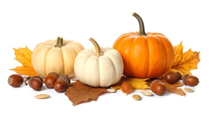 Autumnal Still Life with Pumpkins, Leaves, and Acorns.
