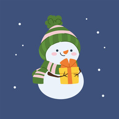 Snowman in a hat and scarf. Happy winter character. Cute white children's character. Characters for celebrating Christmas and New Year. Vector illustration