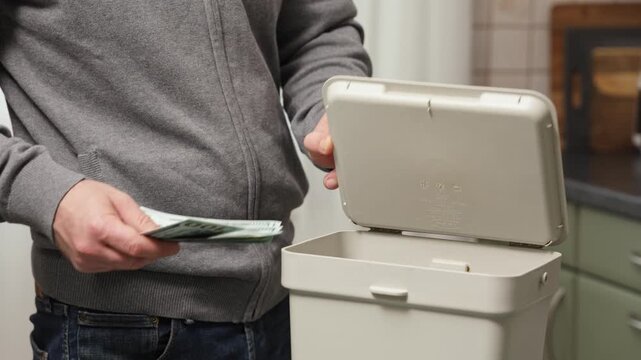 Man discarding cash into a trash bin, illustrating mindless consumption and wastefulness, camera follows action with a smooth dolly movement