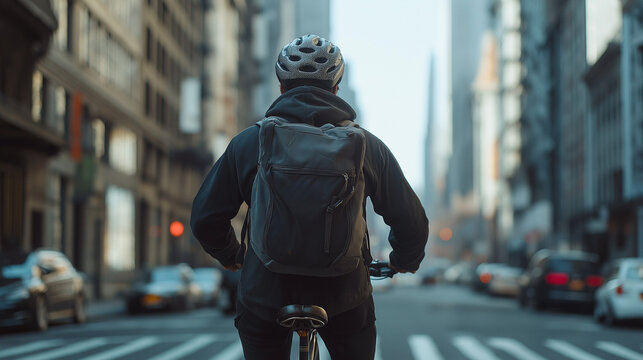 Commuting professional riding a bicycle through a busy city street during morning hours