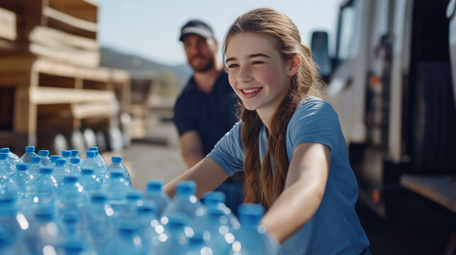 Girl helps at community event by distributing water bottles to support local outreach initiative during sunny afternoon