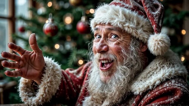A cheerful and cunning Santa smiles charmingly and winks cheerfully, looking at the camera.