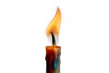 Candle burning brightly with a flickering flame, melting wax creating colorful drips. Transparent background for easy compositing