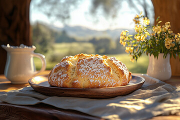 Golden Brown Irish Soda Bread Dusted with Powdered Sugar on Wooden Plate with Gentle Sunlight
