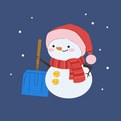 Snowman with a shovel, wearing a hat and scarf. White winter character. Characters for celebrating Christmas and New Year. Vector illustration