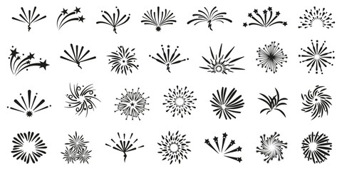 Set of firework icons. Confetti, salute, petard, firework icons in black. Fireworks logo