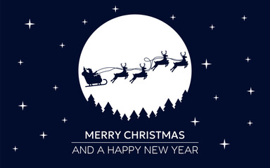 Fototapeta premium Santa sleigh silhouette flying across the night sky. Christmas card illustration with moon, stars, and forest below. Created in minimal dark blue festive style