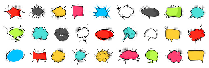 Naklejka premium Quote bubble collection in colorful pop art style. Variety of comic speech and thought clouds for dialogue and expression