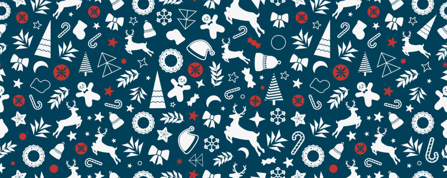 Christmas seamless pattern with holiday elements. Reindeer, stars, trees, and sweets in festive winter composition on blue background