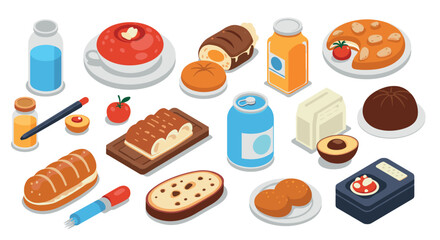 Isometric breakfast assortment with drinks and baked goods