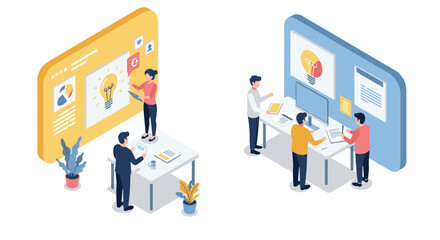 Obraz premium Isometric office collaboration and teamwork in modern workspace design