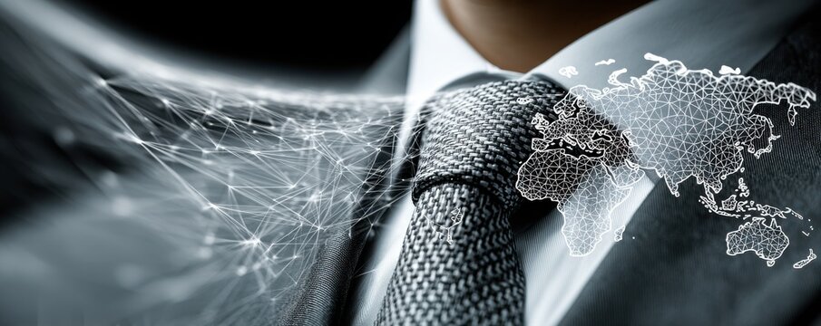 Businessman in a suit with a digital world map network overlay in the background