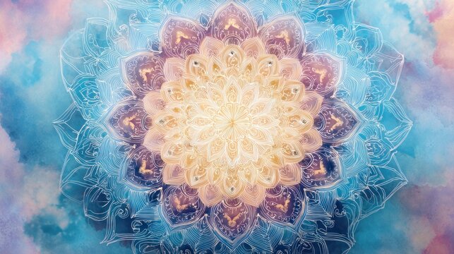 Abstract mandala illustration with floral design and watercolor effect background