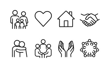 Simple line icons for family, love, home, and community concepts