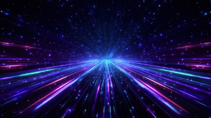 Abstract digital tunnel with vibrant neon lights and sparkling particles