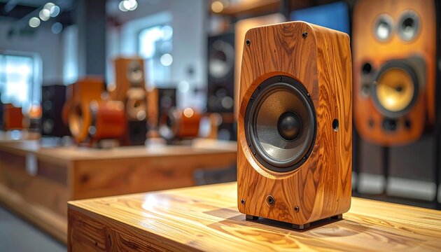 A close-up view showcases a wooden-cased loudspeaker, its prominent speaker grill at the center. Other speakers blur in the background - Powered by Adobe