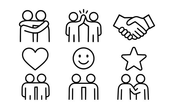 Simple line style icons of friendship and unity featuring people and symbols