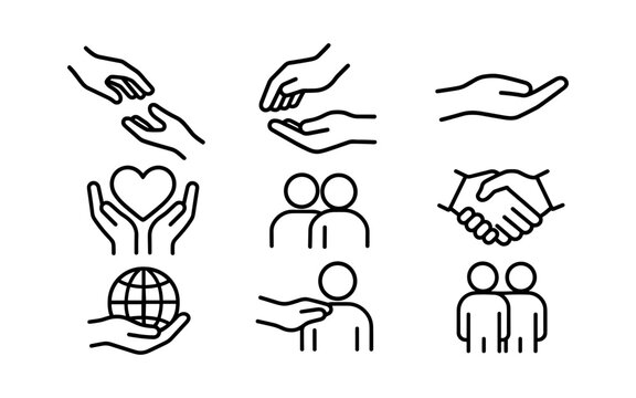 Minimalist line art icons of helping hands and community symbols for social unity - Powered by Adobe