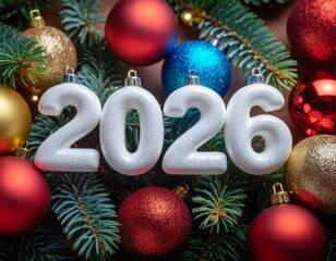 White lettering reading 2026 against a background of spruce branches and colorful baubles. New Year's Eve, New Year's Day