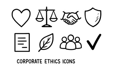 Hand-drawn corporate ethics icons for business responsibility and integrity