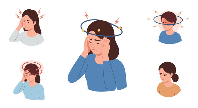 Concept of headache and stress depiction with illustrative characters holding their heads