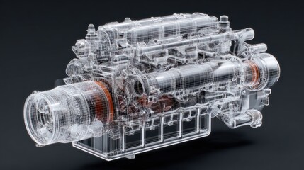 Transparent engine technical illustration on black background perspective view